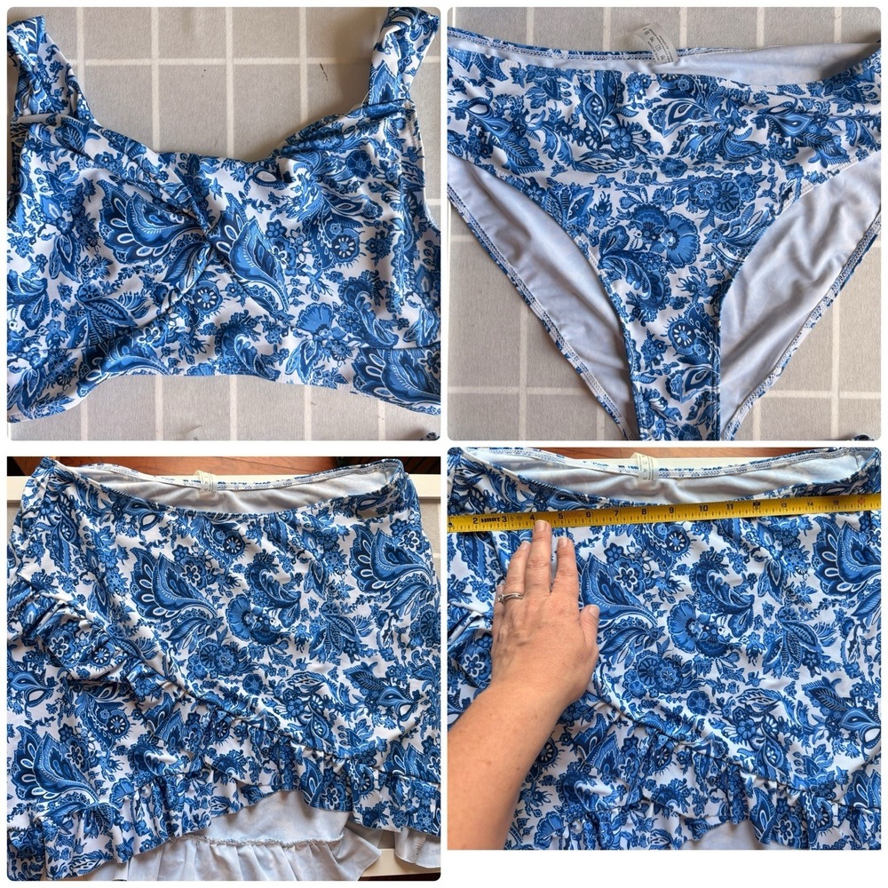 Blue Floral High Waisted Bikini Tummy Control Plus Size 2XL w/ Skirt‎
